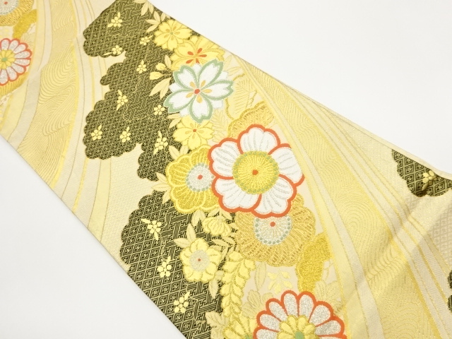 JAPANESE FUKURO OBI / SAGANISHIKI / WOVEN WAVY STRIPE & FLOWERS